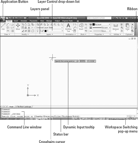 The AutoCAD screen, as shown while drawing a rectangle.