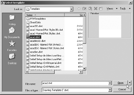 Choose the acad.dwt template in the Select Template dialog box.