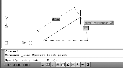 The command prompt changes for the next point, and the line's length and direction are shown in the drawing area.