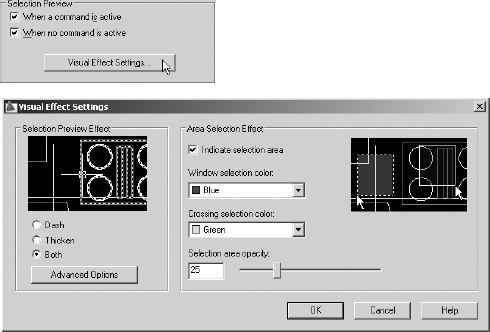 The Selection Preview area of the Selection tab in the Options dialog box (top), and the Visual Effect Settings dialog box (bottom)