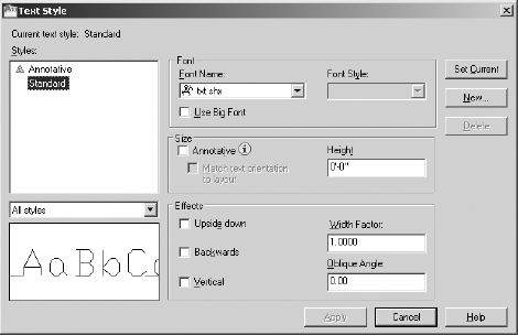 The Text Style dialog box in which text styles are set up
