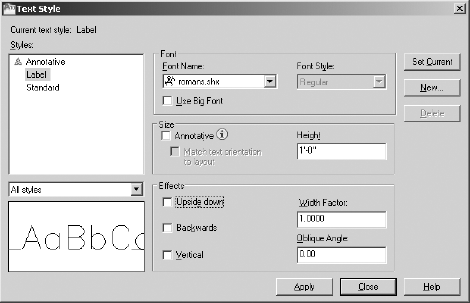 The Text Style dialog box after setting up the Label style