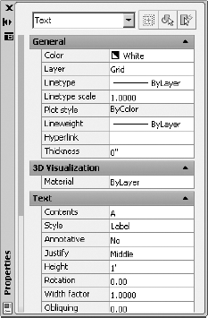 The Properties palette for the text