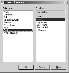 Changing the data format in the Table Cell Format dialog box