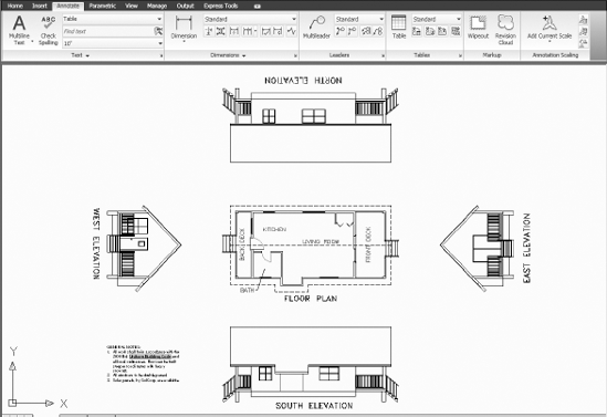 The cabin floor plan and elevations with the Annotate panels at the top of the drawing area
