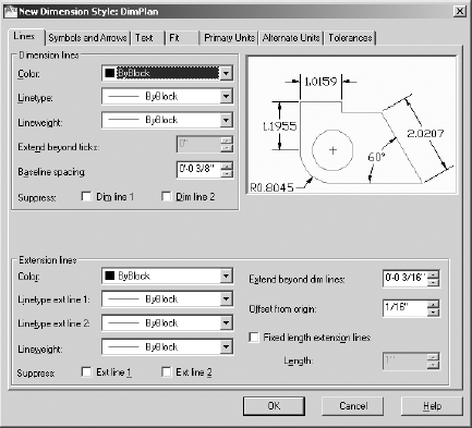 The New Dimension Style dialog box with DimPlan as the current style and Lines as the active tab