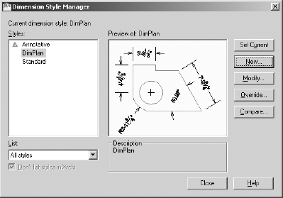 The Dimension Style Manager dialog box with DimPlan listed