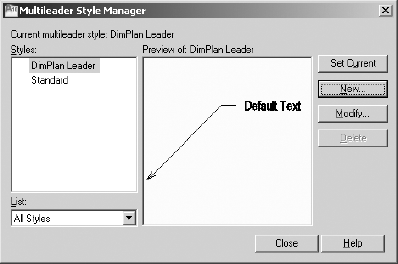The DimPlan Leader multileader style shown in the Multileader Style Manager