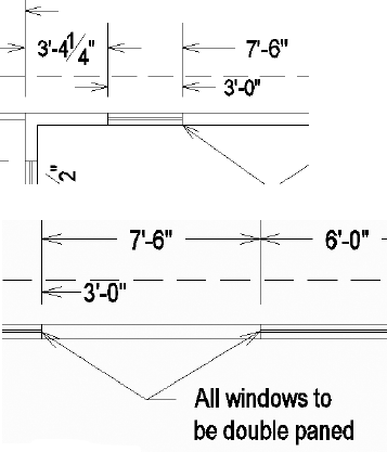 Moving the window dimensions with grips: the linear dimension (top) and the leaders (bottom)