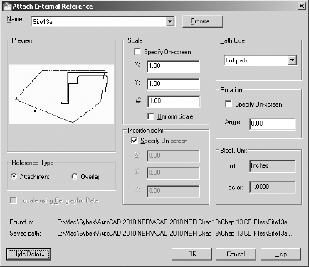 The External Reference dialog box with Site13a as the named reference