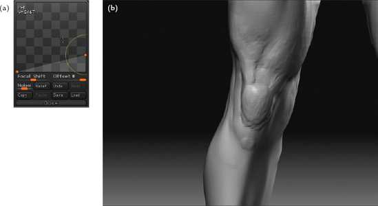 Smoothing the knee: (a) adjusting the smoothing curve under the Brush menu to create a less destructive Smooth brush, (b) gently smoothing the forms of the knee