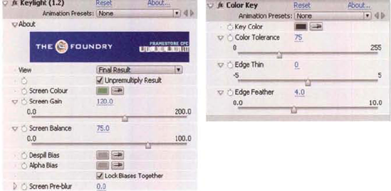 (Left) Keylight effect settings (Right) Color Key effect settings