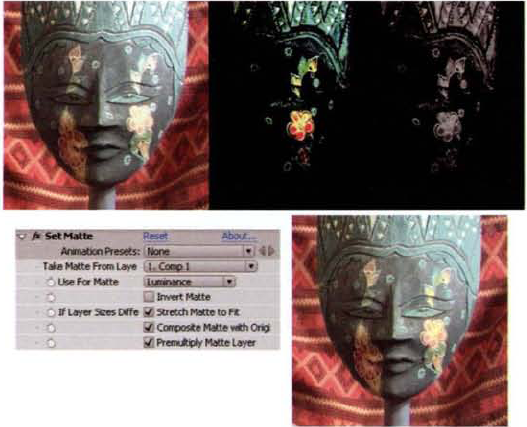 (Top Left) Unadjusted footage of mask (Top Center) Curves effect applied to isolate highlights (Top Right) Alpha matte generated by Set Matte effect (Bottom Left) Set Matte settings (Bottom Right) Final composite. A sample After Effects project is saved as set_matte.aep in the Tutorials folder on the DVD.