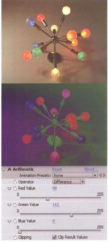 (Top) Unadjusted footage of lamp (Center) Result of the Arithmetic effect (Bottom) Arithmetic settings. A sample After Effects project is saved as arithmetic.aep in the Footage folder on the DVD.