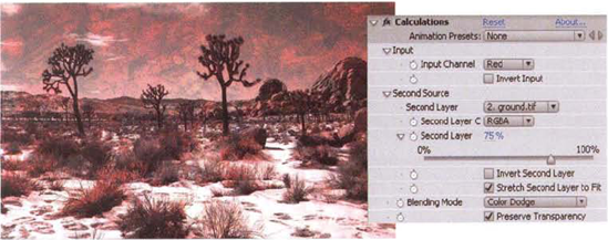 (Left) Desert image and abstract background blended with the Calculations effect (Right) Calculations settings. A sample After Effects project is saved as calculations.aep in the Footage folder on the DVD.