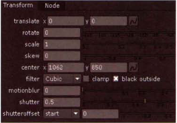 The Transform1 node's properties panel after the adjustment of the Center parameter