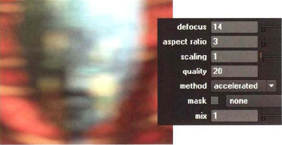 (Left) Input blurred with Defocus with an artificially high Aspect Ratio value of 3. Note the horizontal stretching of the bokeh shapes. (Right) Defocus settings. A sample Nuke script is included as defocus.nk in the Tutorials folder on the DVD.