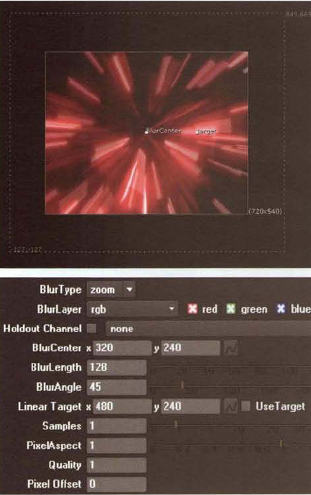 (Top) Zoom blur created by DirBlur node. The BlurCenter and Target handles are seen at the center of the viewer. Note that the blur extends the bounding box of the input. (Bottom) DirBlur settings. A sample Nuke script is included as dirblur.nk in the Tutorials folder on the DVD.