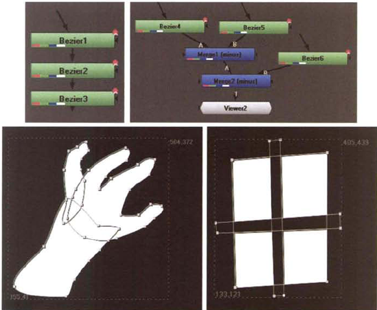 (Top Left) Three Bezier nodes connected in a series (Top Right) Three Bezier nodes connected in pairs to two Merge nodes (Bottom Left) Result of Bezier nodes connected in a series (Bottom Right) Result of Bezier nodes connected to Merge nodes with the Operation menus set to Minus. A sample Nuke script is included as three_beziers.nk in the Tutorials folder on the DVD.