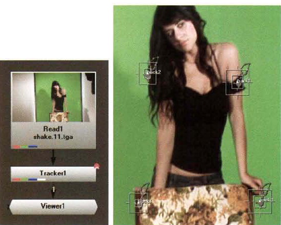 (Left) Tracker1 node used to stabilize footage held by Read1 node (Right) Four track anchors used by Tracker1 node. A sample Nuke script is included as stabilize.nk in the Tutorials folder on the DVD.