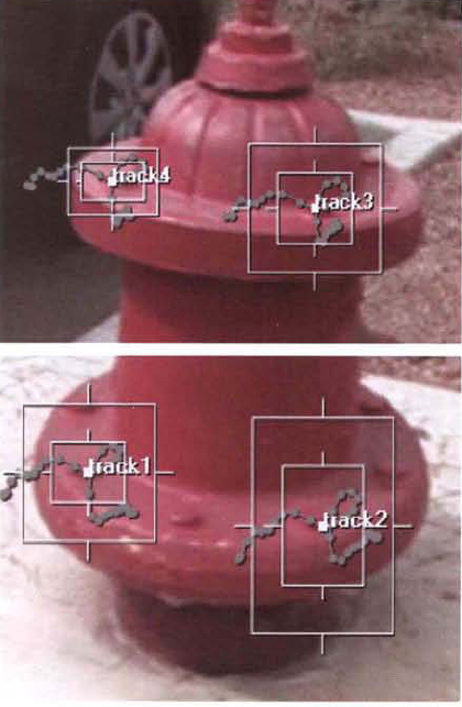 Four track anchors of the Tracker1 node positioned over the fire hydrant footage