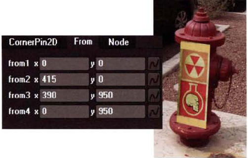 (Left) The From tab in the properties panel of the CornerPin2D1 node (Right) The result of the offset