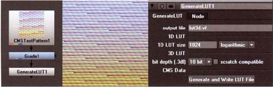 (Left) Node network designed to create a custom 3D LUT. In this case, the color correction is supplied by a Grade node. (Center) Test pattern created by the CMSTestPattern node (Right) The GenerateLUT properties panel