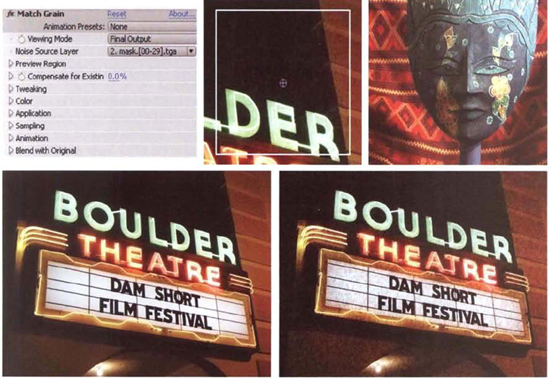 (Top Left) Match Grain properties (Top Center) The selection box, as seen in the viewer (Top Right) Source layer. Note that the video shot noise and compression artifacts, which will serve as a grain source, are not immediately visible. (Bottom Left) Grain-free target layer (Bottom Right) Result of Match Grain effect. A sample project is included as match_grain.ae in the Footage folder on the DVD.