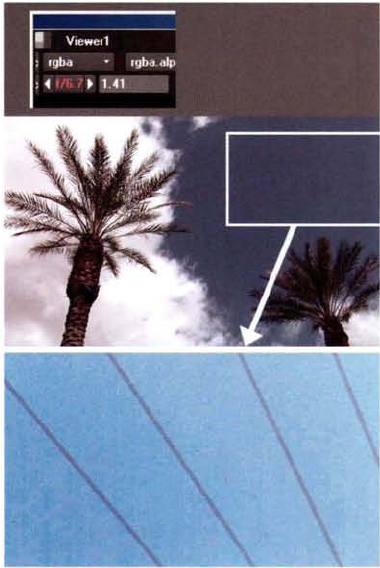 (Top) Gain controls. The f-stop is indicated by the red f/n value. The Gain value appears to the right of the F-stop arrows. (Center) Footage with banding area indicated by box. (Bottom) Detail of banding revealed with adjusted Gain value. The band transitions are indicated by the gray lines.