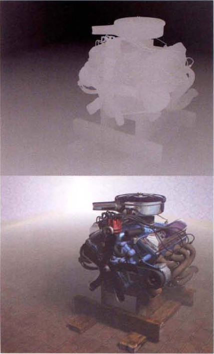 (Top) Depth pass (Bottom) Depth pass used to create artificial fog in the composite that thickens with distance. A sample After Effects project is included as engine_fog.ae in the Tutorials folder on the DVD.