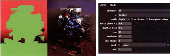 (Left) ZBlur output with Focal-Plane Setup check box selected. Green represents area in focus. (Center) Resulting blur on background (Right) ZBlur properties panel. A sample Nuke script is included as zblur.nk in the Tutorials folder on the DVD.