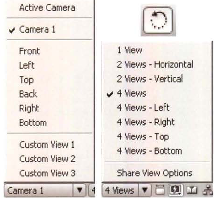 (Left) 3D View Popup menu (Top Right) Rotate tool (Bottom Right) Select View Layout menu