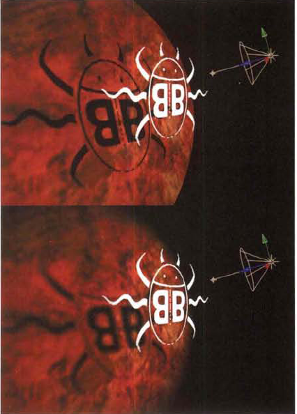 (Top) A spot light casts a shadow onto a 3D layer with a red abstract image. A second 3D layer, with the bug logo, carries transparency through an alpha channel. The light's Cone Feather and Shadow Diffusion are set to 0. (Bottom) Same setup with Cone Feather set to 35% and Shadow Diffusion set to 15. A sample After Effects project is included as shadow.aep in the Tutorials folder on the DVD.