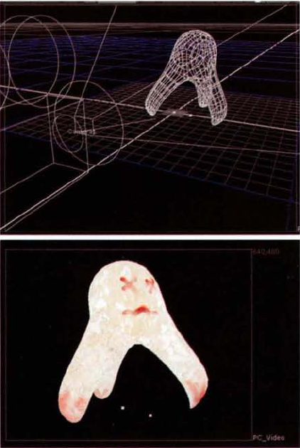 (Top) Imported OBJ geometry, as seen in wireframe in the 3D view of the viewer (Bottom) Textured geometry, as shown in the 2D view of the viewer. A shader and light node must be added to give a sense of shading.