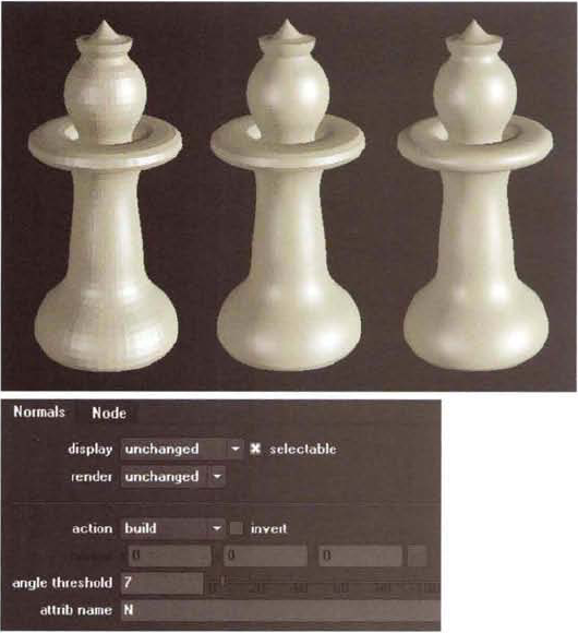 (Top Left) Geometry with Action menu set to Build and Angle Threshold set to 0 (Top Center) Angle Threshold set to 7. Note the faceting that remains around the central collar. (Top Right) Angle Threshold set to 180 (Bottom) Properties panel of the Normals node. A sample Nuke script is included as normals.nk in the Tutorials folder on the DVD.