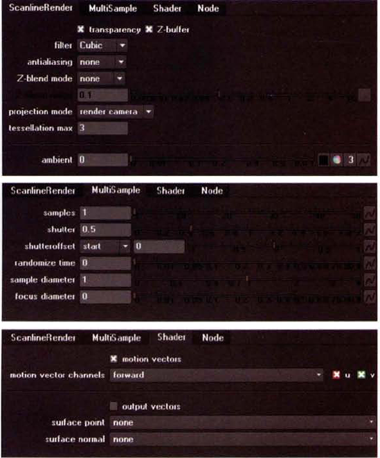 (Top) The ScanlineRender tab of the ScanlineRender node (Center) The MultiSample tab (Bottom) The Shader tab