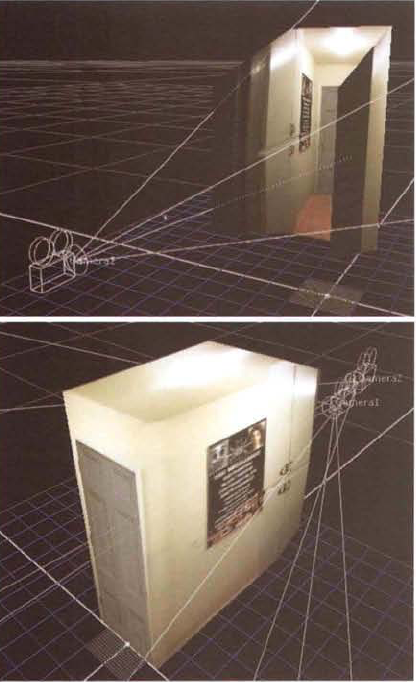 (Top) The initial projection. The Camera1 and Camera2 icons overlap. (Bottom) Camera2's Focal Length, Translate, and Rotate parameters are adjusted, creating better projection coverage. Note how the door is aligned with the back plane of the geometry and the ceiling is aligned with the top plane.