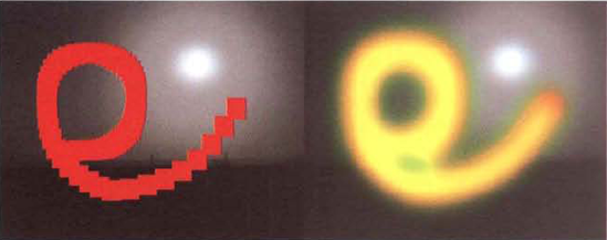 (Left) Grid-style particles formed into a path by animating the grid's Position property over time (Right) Same particles after the application of Fast Blur and Glow effects. A sample After Effects project is included as light_trail.aep in the Tutorials folder on the DVD.