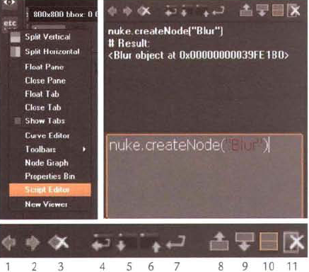 (Top Left) Script Editor option in a content button menu (Top Right) Script Editor with Output window at top and Input window at bottom (Bottom) Script Editor buttons, which include (1) Previous Script, (2) Next Script, (3) Clear History, (4) Source A Script, (5) Load A Script, (6) Save A Script, (7) Run The Current Script, (8) Show Input Only, (9) Show Output Only, (10) Show Both Input And Output, and (11) Clear Output Window