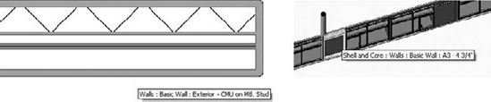 Using tooltips to define elements. The element on the left is part of an unshared project and omits the workset name; the element on the right is part of a workset named Shell and Core.