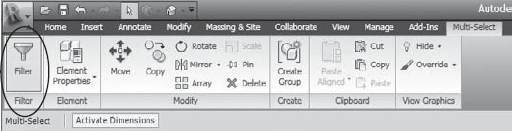 The Filter command appears in the Ribbon upon selection of multiple elements of different categories.