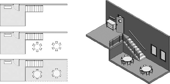 Three different representations of the same model in plan view.