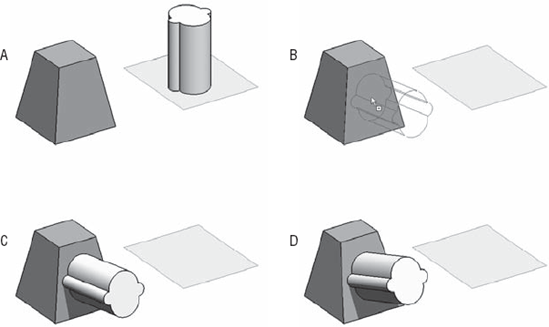 (A) Original condition; (B) desired repositioning of the curved element; (C) the element is rehosted and a relationship between the two elements has been created; (D) the host changed its geometry and the hosted elements follow the change.