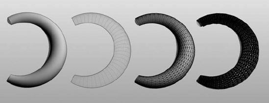 From left to right: original surface, divided surface, patterned surface, component on patterned surface.