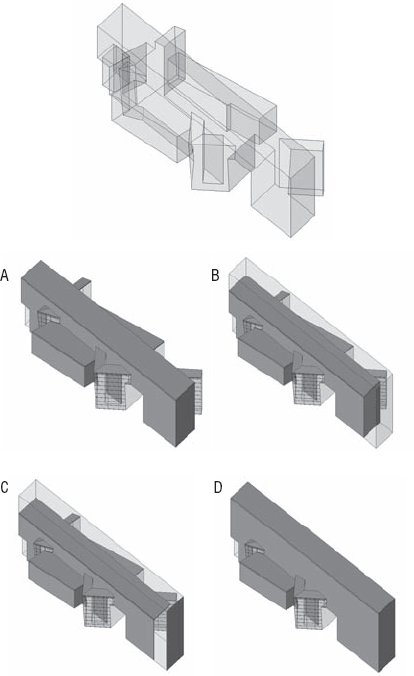 A: The starting form. B: The mass is made larger. C: The wall is remade to match the mass. D: The roof and other walls are remade to match the mass.