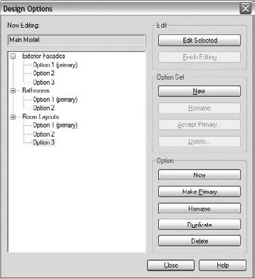 Design Options dialog box showing some option sets and options.