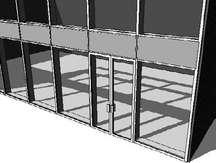 The curtain wall door adjusts its width and height to the size of the cell in which it is placed.