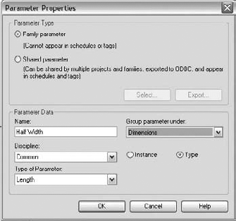 Use the Parameter Properties window to give the new parameter a name and type.