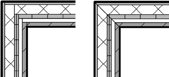 A butt wall join (left) and a miter wall join (right).