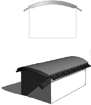 A barrel-shaped roof extended with sunshades. The main roof is an extruded arch sketch.